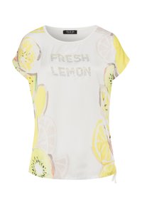 T-shirt blanc à manches courtes avec un imprimé citron et le texte "FRESH LEMON" en strass. Tissu doux avec une coupe décontractée et un ourlet arrondi.