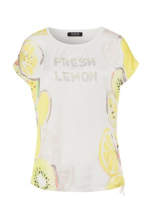 White short-sleeve t-shirt with a lemon print and the text "FRESH LEMON" in rhinestones. Soft fabric with a relaxed fit and curved hem.