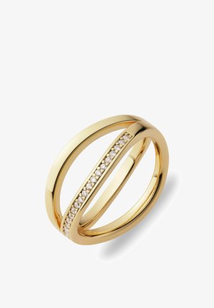 Goldener Ring mit zwei offenen Bändern, die in der Mitte durch eine Reihe kleiner runder Diamanten verbunden sind.