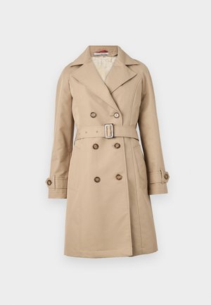 Beiger Trenchcoat mit einem doppelt knöpfbaren Design, breiten Revers, tailliertem Gürtel und geknöpften Manschetten; aus einem glatten Stoff gefertigt.