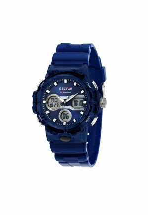 Orologio digitale-analogico blu con cinturino e cassa in plastica. Le caratteristiche includono più display digitali, accenti argentati e una resistenza all'acqua di 50 m.
