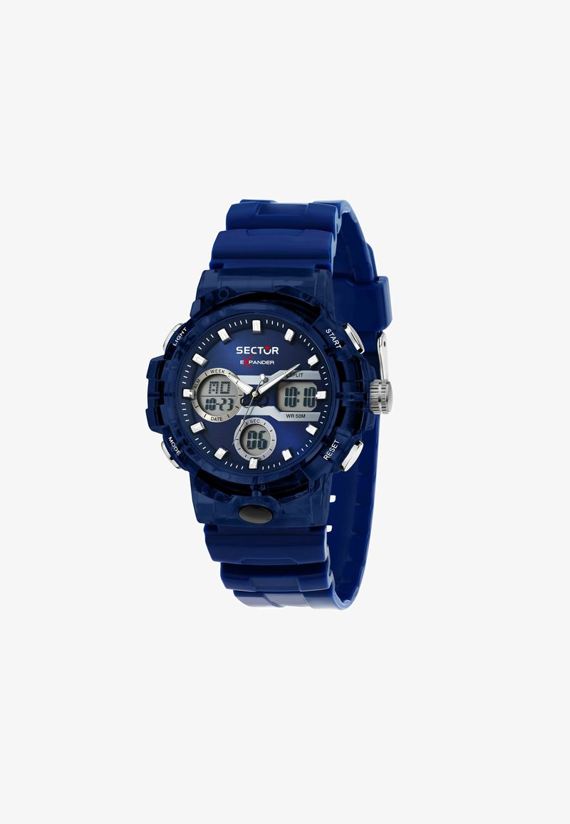 Orologio digitale-analogico blu con cinturino e cassa in plastica. Le caratteristiche includono più display digitali, accenti argentati e una resistenza all'acqua di 50 m.