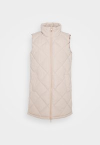 Gilet trapuntato beige senza maniche con colletto alto, zip frontale e tasche laterali. Presenta un motivo a rombi su tutto il tessuto.