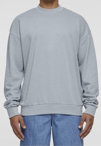 Felpa grigia chiara con collo a giro, spalle scese, polsini e vita a coste. Realizzata in tessuto morbido e liscio. Design semplice.