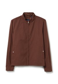 Braune leichte Jacke mit Stehkragen, Frontreißverschluss und Seitentaschen, ausgestattet mit einer glatten Textur und minimalistischem Design.