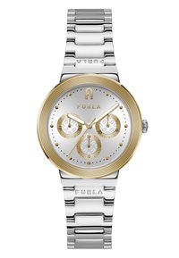 Orologio in acciaio inossidabile con finitura argentata e dorata, dotato di cassa rotonda testurizzata, tre sottodial e bracciale a maglia con logo.