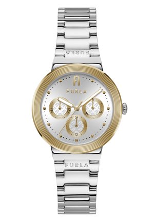 Orologio in acciaio inossidabile con finitura argentata e dorata, dotato di cassa rotonda testurizzata, tre sottodial e bracciale a maglia con logo.