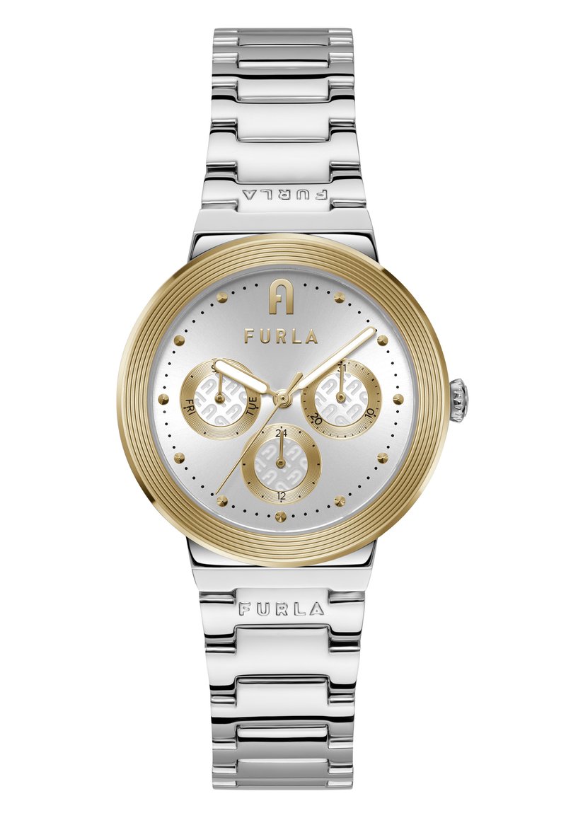 Orologio in acciaio inossidabile con finitura argentata e dorata, dotato di cassa rotonda testurizzata, tre sottodial e bracciale a maglia con logo.