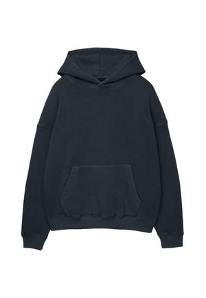 Sweatshirt à capuche bleu marine foncé avec une poche kangourou à l'avant, des poignets et un ourlet côtelés, présentant une coupe décontractée et un tissu doux et texturé.