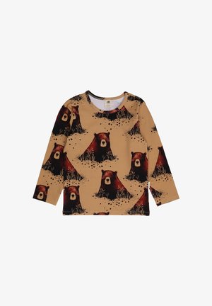 Long-sleeve shirt in tan fabric, featuring a repeated bear print in dark browns and blacks, with grass and splatter details.