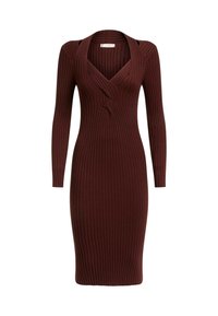 Robe en maille côtelée à manches longues, de couleur brun foncé, à silhouette ajustée et décolleté en V avec un détail torsadé à l'avant.
