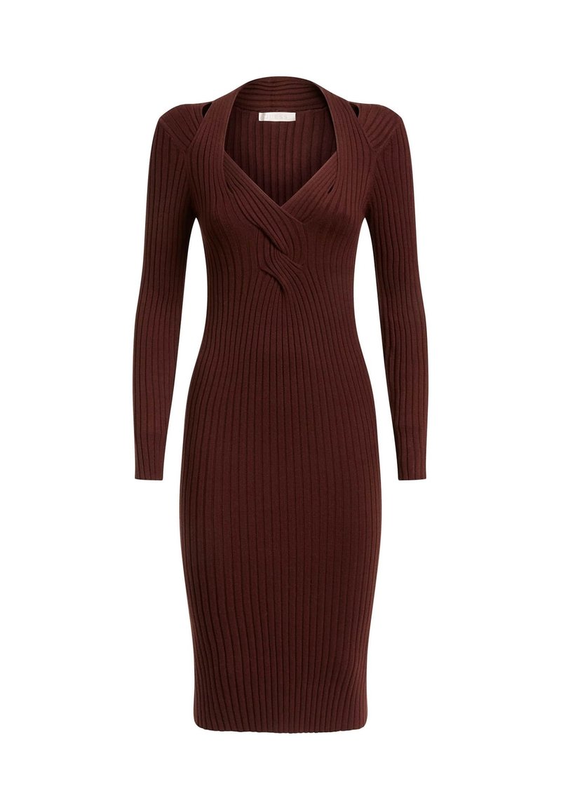 Robe en maille côtelée à manches longues, de couleur brun foncé, à silhouette ajustée et décolleté en V avec un détail torsadé à l'avant.
