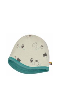 Berretto di cotone con una base di crema chiara, caratterizzato da illustrazioni di pecore bianche e nere, e orlo in teal.