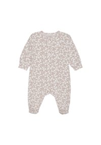 Langärmeliger, hellbrauner Overall mit weißem Blumenmuster, runden Ausschnitt und langen Ärmeln. Aus weichem Baumwollmaterial mit elastischen Bündchen.