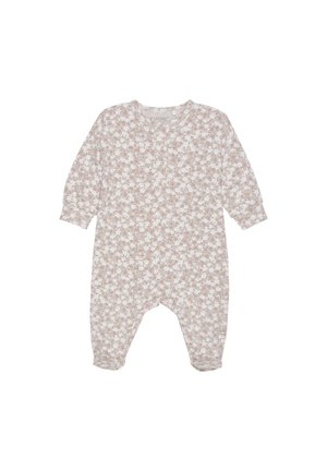 Langärmeliger, hellbrauner Overall mit weißem Blumenmuster, runden Ausschnitt und langen Ärmeln. Aus weichem Baumwollmaterial mit elastischen Bündchen.