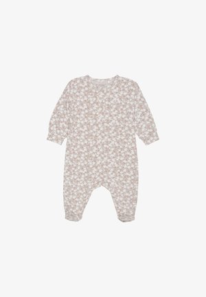 Langärmeliger, hellbrauner Overall mit weißem Blumenmuster, runden Ausschnitt und langen Ärmeln. Aus weichem Baumwollmaterial mit elastischen Bündchen.