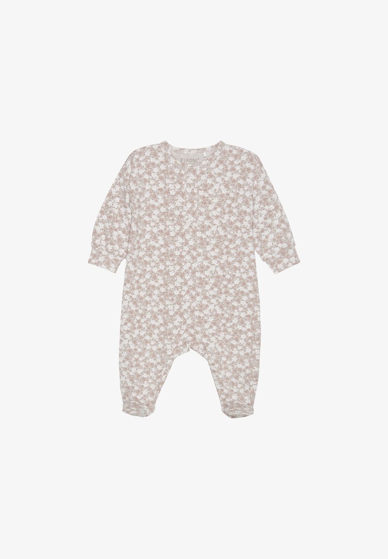 Combinaison intégrale beige clair avec un motif floral blanc, encolure ronde et manches longues. Matière en coton doux avec des poignets élastiques.