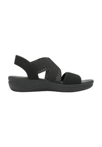 Sandali neri con cinturini incrociati in materiale rete. La suola è curvata e presenta una superficie texture per una migliore aderenza e comfort.