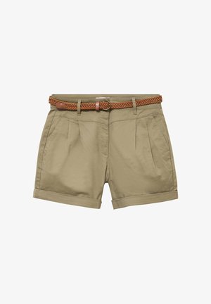 Khaki shorts met een hoge taille, voorplooien, opgerolde zoom, zijzakken en een gevlochten bruine riem met een ronde metalen gesp.