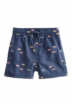 Marineblå badeshorts med lyserøde og gule fiskemønstre, snøre i taljen og elastikbånd.