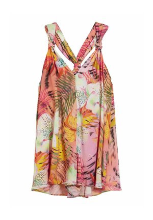 Rochie fără mâneci cu imprimeu tropical și bretele cu noduri, având modele florale și frunze în nuanțe de roz, galben, verde și alb.