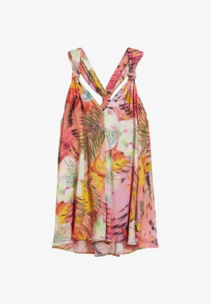 Rochie fără mâneci cu imprimeu tropical și bretele cu noduri, având modele florale și frunze în nuanțe de roz, galben, verde și alb.