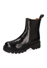 Bota de cuero negro hasta el tobillo con panel lateral elástico, punta redondeada y suela gruesa de goma. Textura lisa y detalles de diseño minimalistas.