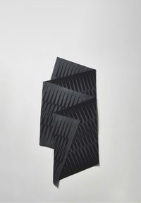 Écharpe à motifs noirs et gris foncé pliée avec un design à rayures diagonales sur un fond clair uni.