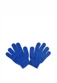 Blaue gestrickte Baumwollhandschuhe mit einem Fünf-Finger-Design und gerippten Bündchen für einen sicheren Sitz. Glatte Textur, leicht und dehnbares Material.