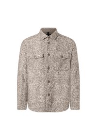 Košile na knoflíky v béžovo-šedém kostkovaném vzoru, vyrobená z texturované tkaniny, s dvěma náprsními kapsami a klopovým límcem.