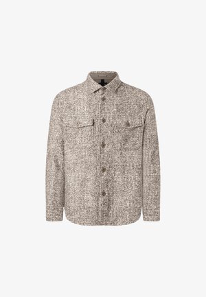 Karoshemd in Beige und Grau, aus texturiertem Stoff, mit zwei Brusttaschen und einem Kentkragen.