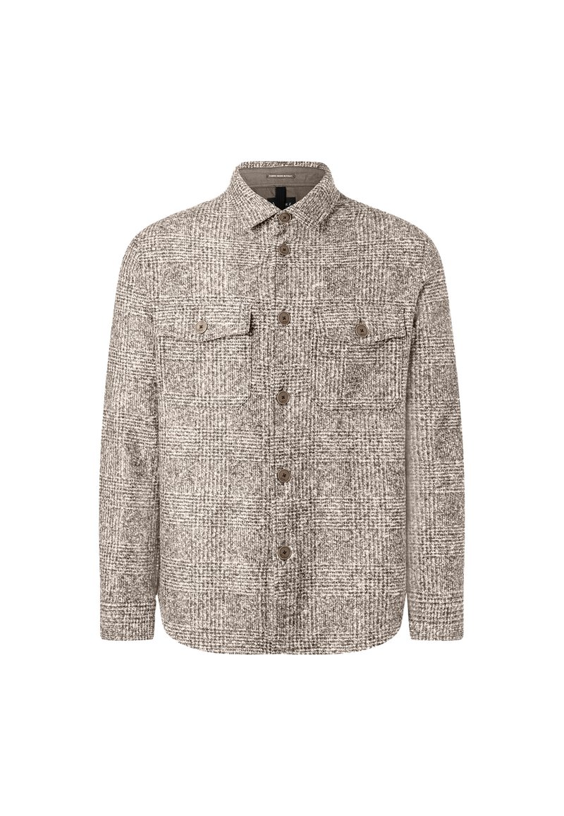 Košile na knoflíky v béžovo-šedém kostkovaném vzoru, vyrobená z texturované tkaniny, s dvěma náprsními kapsami a klopovým límcem.