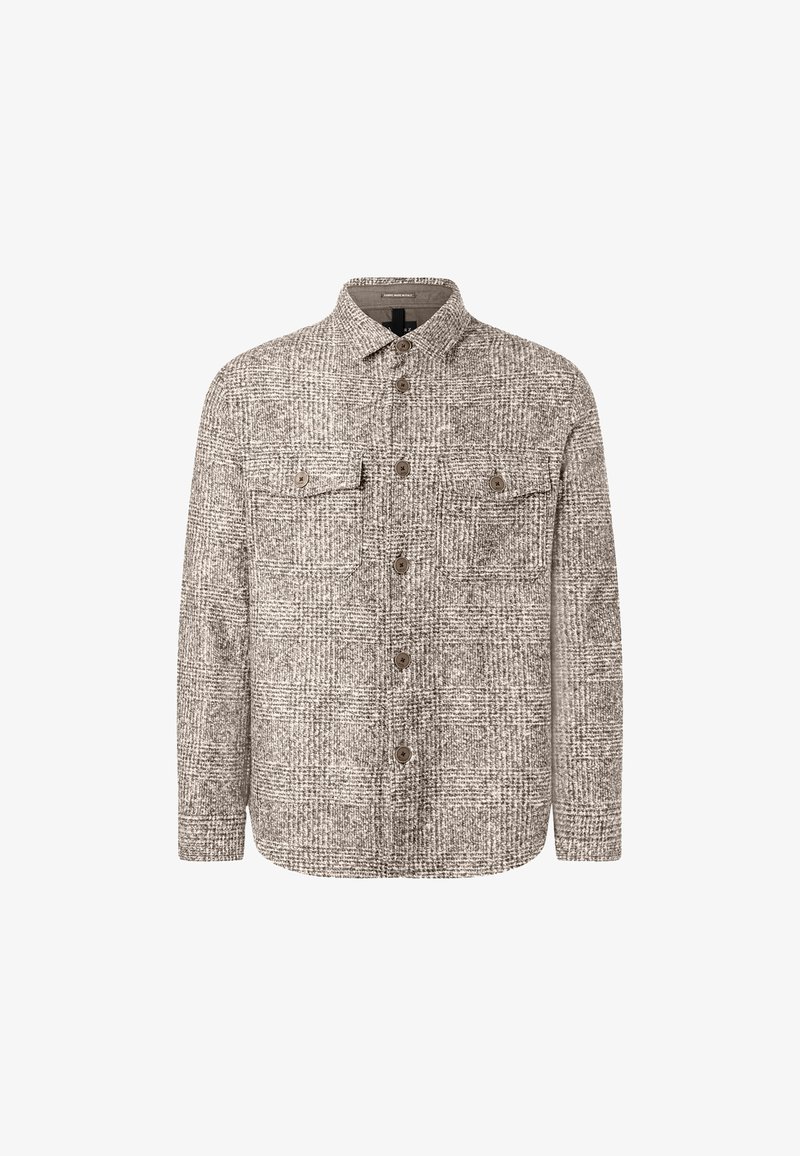 Košile na knoflíky v béžovo-šedém kostkovaném vzoru, vyrobená z texturované tkaniny, s dvěma náprsními kapsami a klopovým límcem.