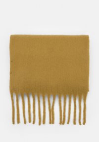 Écharpe en laine jaune avec une texture douce, présentant des bords à franges pour plus de détail. Forme rectangulaire, épaisseur uniforme sur toute la longueur.