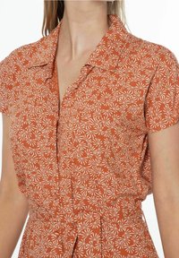 Ruskohvärviga särk valgete lillede mustriga, lühikeste varrukatega ja terava kraega. Kangas näib olevat kerge ja sileda tekstuuriga.