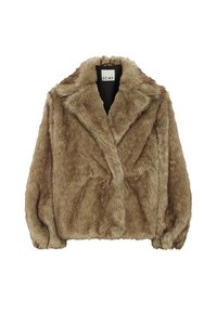 Giacca in pelliccia sintetica marrone con ampi rever e maniche lunghe, esposta piatta su uno sfondo bianco.