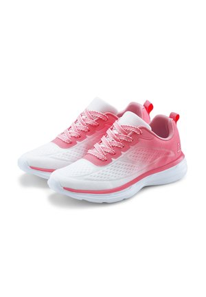 Pair of white and pink lightweight athletic sneakers with mesh upper, pink laces, and white cushioned soles.