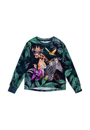 Langärmliges Kinderhemd mit Dschungelmotiv, das eine Brille tragende Giraffe, eine Katze mit lila Schleife, ein Zebra mit Blumenkränzen und bunte Vögel zeigt.