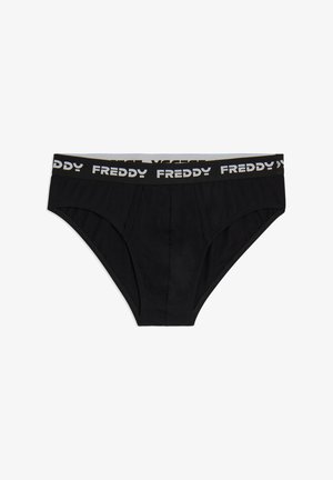 Braga negra de algodón con cinturilla elástica que presenta el logo impreso "FREDDY". Diseñada con un corte ajustado y una textura suave.