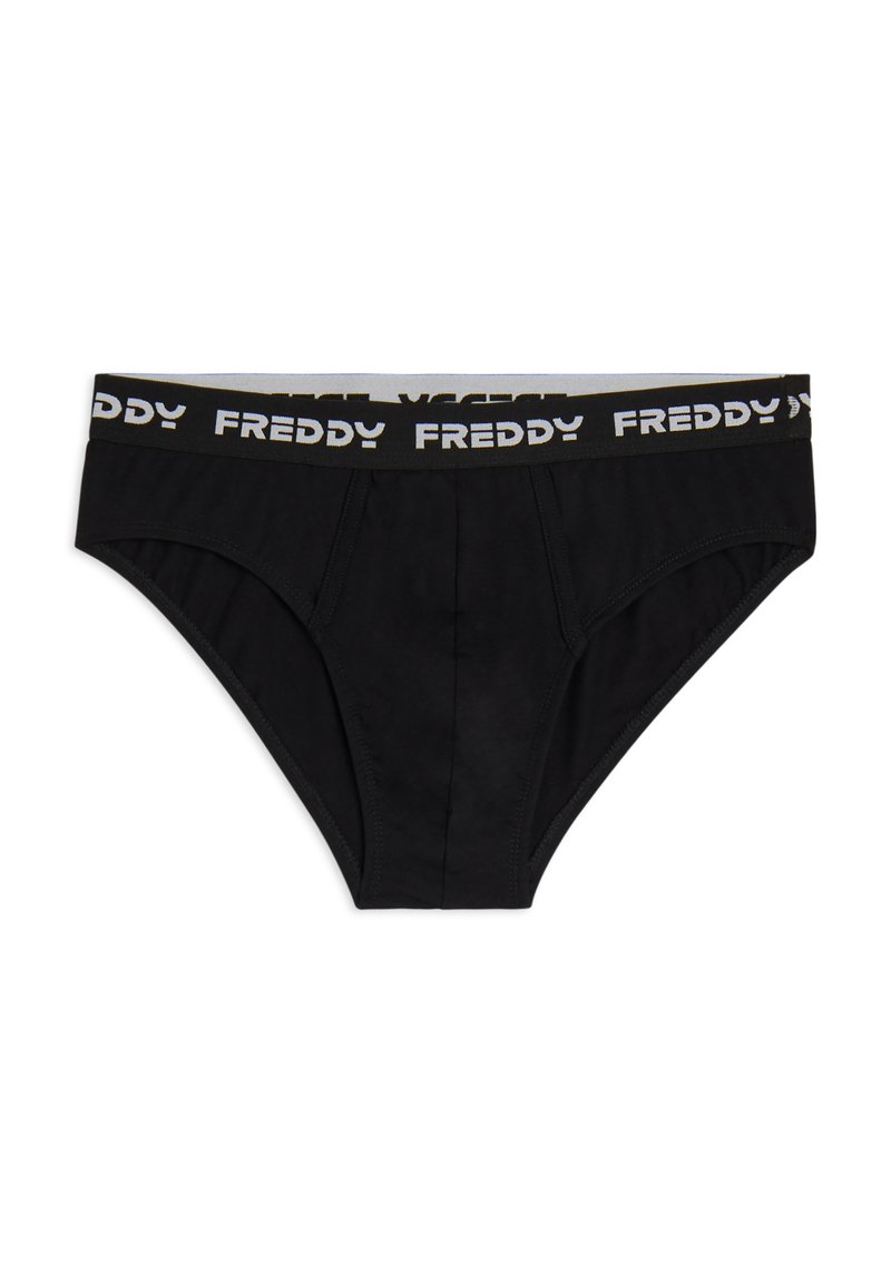 Braga negra de algodón con cinturilla elástica que presenta el logo impreso "FREDDY". Diseñada con un corte ajustado y una textura suave.