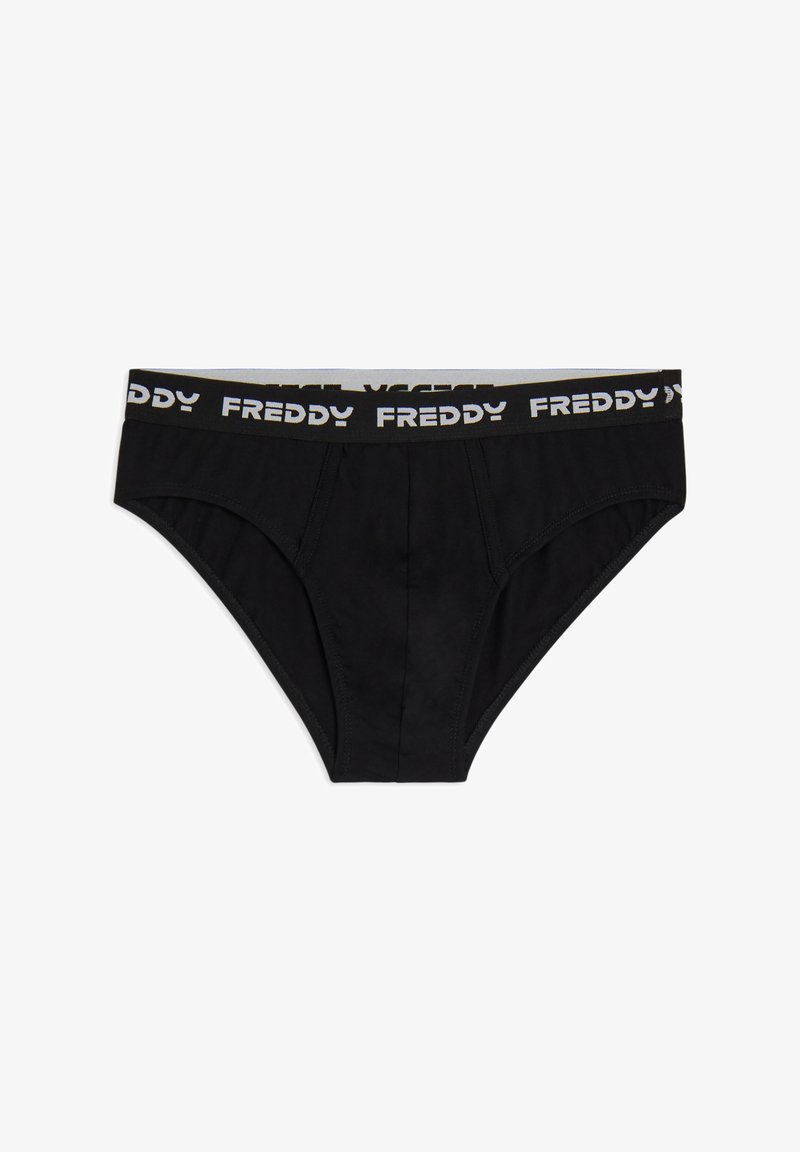 Braga negra de algodón con cinturilla elástica que presenta el logo impreso "FREDDY". Diseñada con un corte ajustado y una textura suave.
