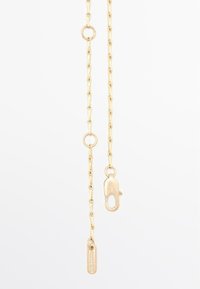 Collana in oro con maglie allungate, chiusura a moschettone e un'etichetta con testo in rilievo. Texture liscia, design minimalista.