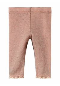 Rosa stickade leggings med en strukturerad mönster och spetsdetalj vid fållen. Elastisk midja för komfort och enkel användning.