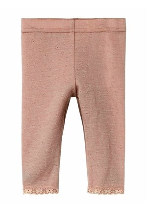 Rosa gestrickte Leggings mit einem strukturierten Muster und Spitzenbesatz am Saum. Elastischer Bund für Komfort undTragekomfort.