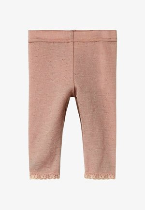 Leggings rosa a maglia con un motivo testurizzato e rifinitura in pizzo all'orlo. Vita elastica per comfort e facilità di indossamento.
