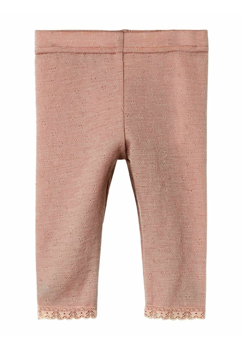 Rosa stickade leggings med en strukturerad mönster och spetsdetalj vid fållen. Elastisk midja för komfort och enkel användning.