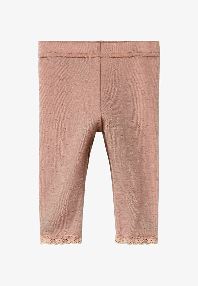 Roze gebreide leggings met een gestructureerd patroon en kantafwerking aan de zoom. Elastische tailleband voor comfort en draaggemak.