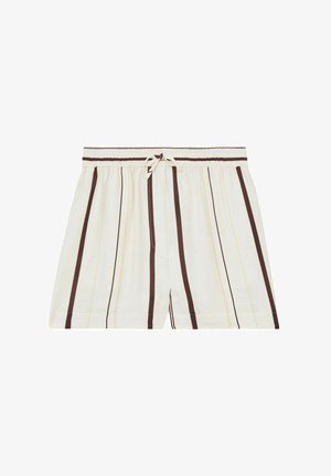 Helle beige Shorts mit dunkelbraunen vertikalen Streifen, elastischem Bund mit Kordelzug und seitlichen Taschen. Hergestellt aus weichem, leichtem Stoff.