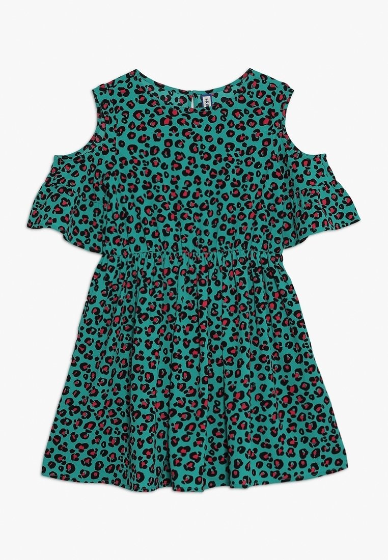 Grün gestreiftes Leopardenmuster-Kleid mit rüschierten Kalt-Schulter-Ärmeln, elastischem Bund und ausgestellt Rock. Mit roten und schwarzen Punkten.