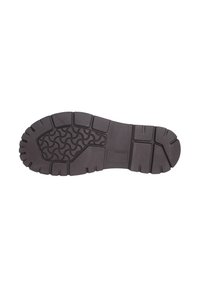 Suela de goma negra con patrones de profundidad, que presenta un diseño de olas en el centro y bordes reforzados para mayor durabilidad y tracción.
